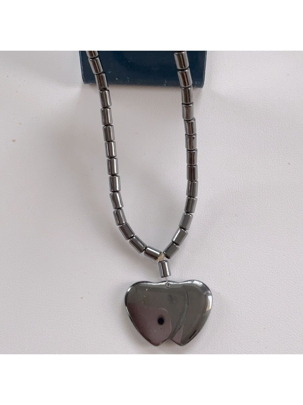Vintage Hematite Polished Stone Beaded Heart Necklace